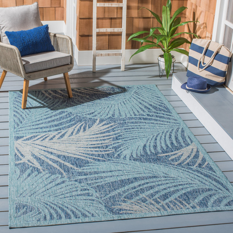 Bay Isle Home Treyvon Floral Aqua/Navy Indoor / Outdoor Area Rug